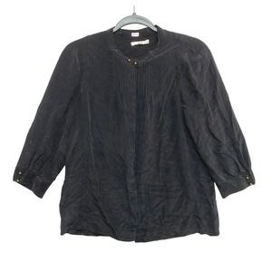 Eliot Blouse Womens Size M Black 3/4 Sleeve Brass Buttons 100% Silk Pintuck